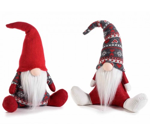 Set 2 Babbi Natale da Vetrina Seduti con Abito in Stoffa e Barba in Pelo - Altezza 38 cm