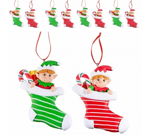 12 Decorazioni Artigianali per Albero di Natale a Forma di Elfo e Calza