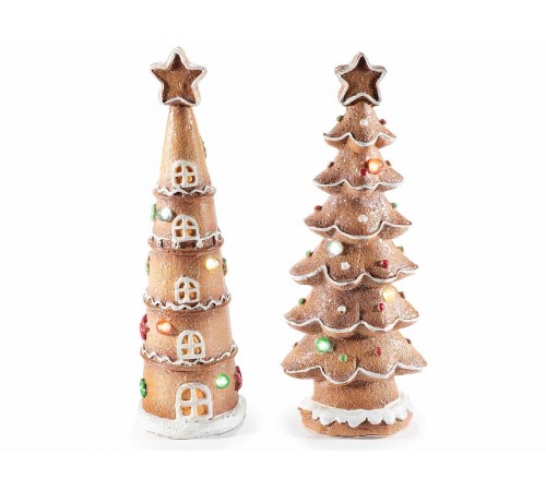 Set 2 Alberi di Natale da Tavolo con Luci Led, Fantasia Biscotti Natalizi - Altezza 25 cm