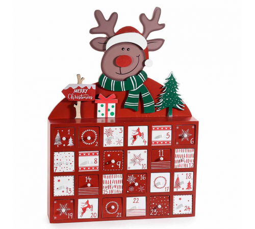 Calendario dell’Avvento in legno con renna decorativa e 24 cassettini