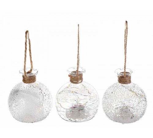 Set tre palline per albero di Natale in vetro luminose con corda