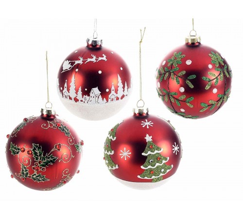Palline per albero di Natale in vetro rosso con decori bianchi e oro 12 pezzi