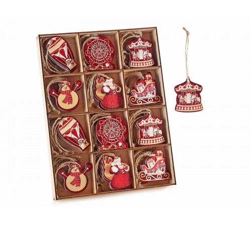 Confezione 72 Decorazioni Natalizie da Appendere in Legno con Figure Assortite