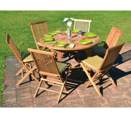 Set tavolo e sedie da giardino in vero legno teak 6 posti con cuscini e tavolo allungabile