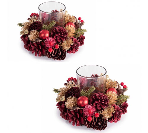 Centrotavola natalizi con pigne bacche e vasetto portacandela set 2 pezzi 18x11 cm