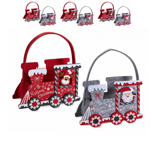 Borsette natalizie in panno a forma di trenino con Babbo Natale e renna set 6 pezzi assortiti 20,5x9x13 cm