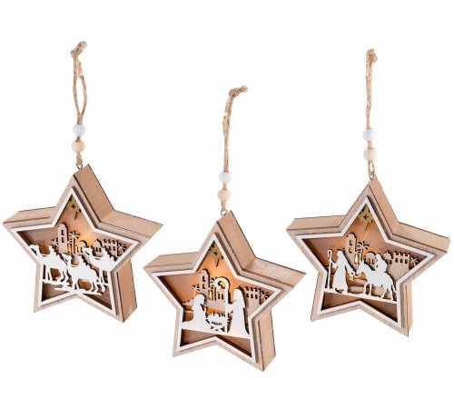 Set 9 Decorazioni Natalizie da Appendere in Legno con Natività e Luce Led