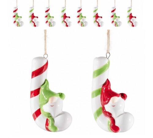 Decorazioni Natalizie da Appendere in Ceramica con Bastoncino e Gnomo - Set da 8