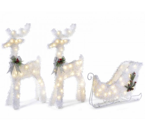 Slitta Natalizia con renne innevate e luci Led decorazione per casa negozi e vetrine altezza 66 centimetri