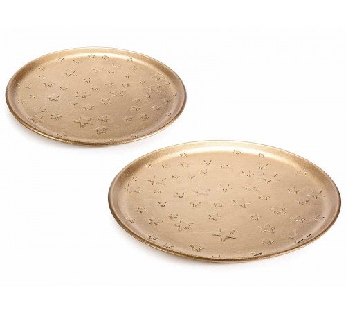 Piatti in Legno Dorato con Stelle in Rilievo et da 2 Piatti per Pranzo di Natale