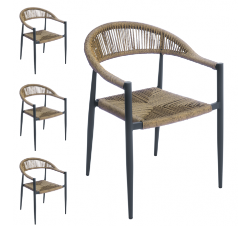 Set 4 sedie per bar e giardino impilabili in alluminio grigio e paglia