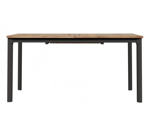 Tavolo da giardino in alluminio nero e piano in teak allungabile da 1,5 a 2,1 metri