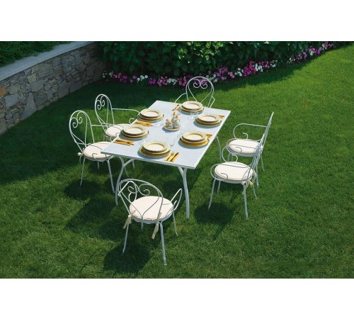 Set pranzo da giardino con tavolo 6 sedie e cuscini color avorio Shabby Chic