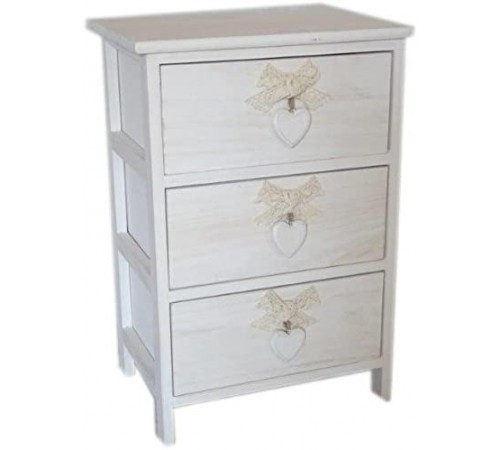 Cassettiera Shabby chic in legno Bianco Washed con 3 cassetti e pomoli con fiocchi e cuore 40 x 58 centimetri