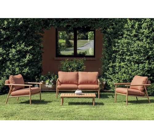 Salottino da giardino in alluminio effetto legno, 4 posti con cuscini