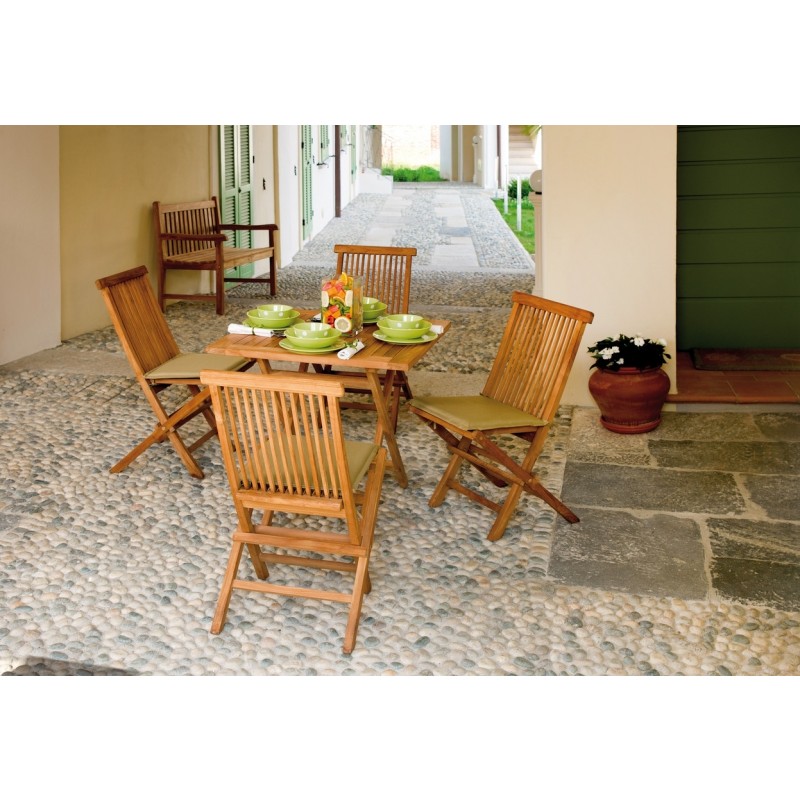 Set pranzo giardino con 1 tavolo e 4 sedie pieghevoli in legno cuscini  inclusi