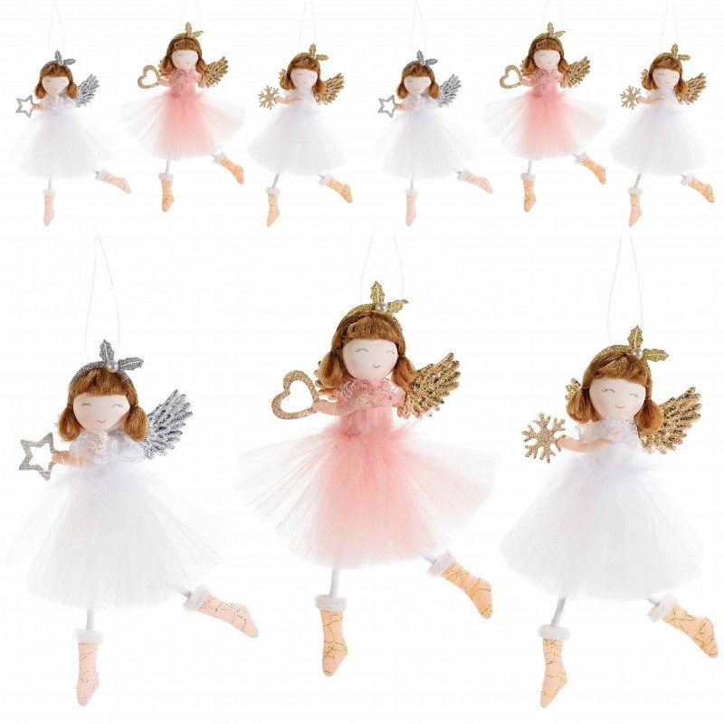 3 Angioletti Di Natale In Peluche Xlwen Con Gonna Di Piume - Decorazioni Pendenti Per Albero - Bianco, Rosa E Grigio