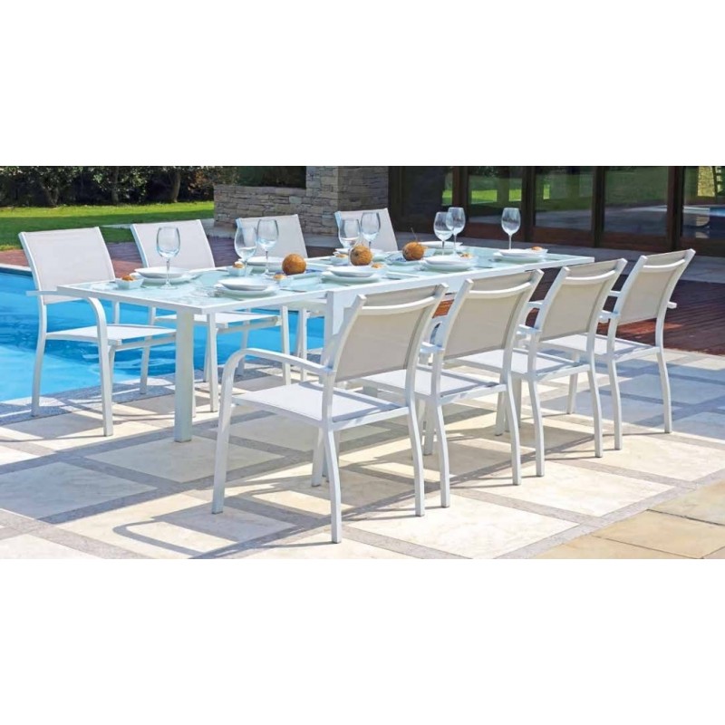 Set tavolo e sedie da giardino 8 posti alluminio bianco con top