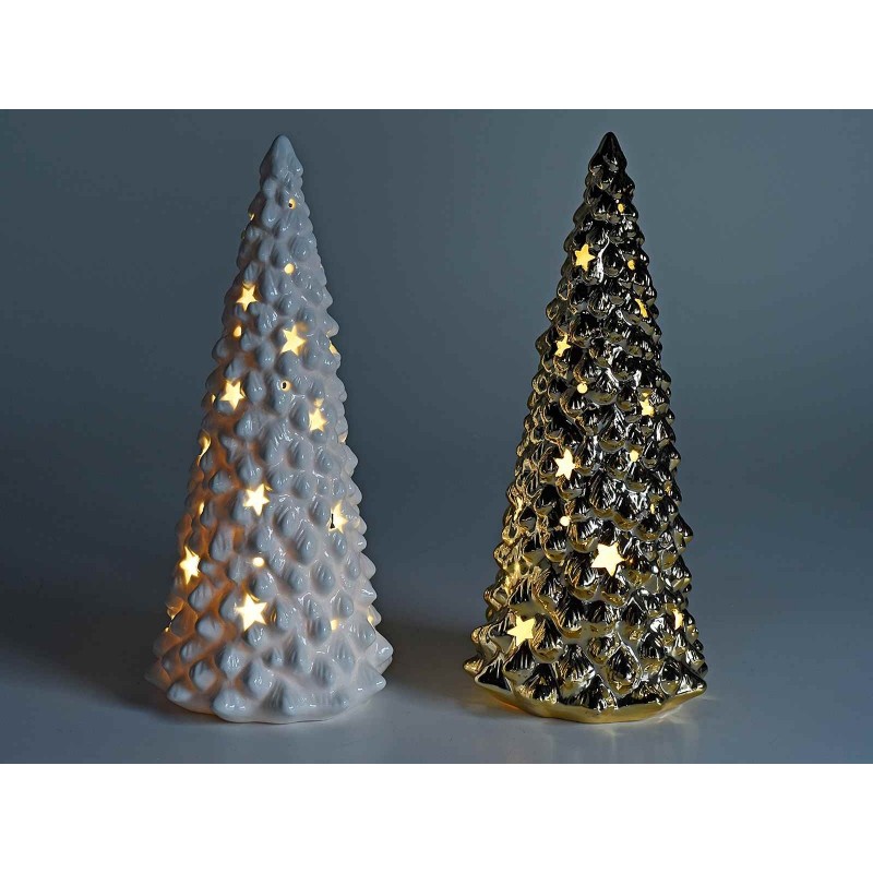 Albero di Natale con LED in ceramica, bianco (L/H/D) 13x34x13cm Funzionamento a batteria 2xLR44 non inclusa | 10044014