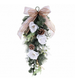 Ghirlanda natalizia con fiori bianchi, pigne e fiocco decorativo 66 cm