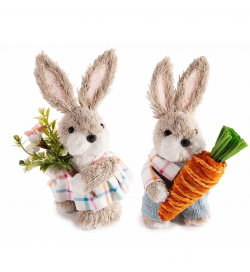 Conigli Pasquali in Paglia con Carota e Fiori Set da 2