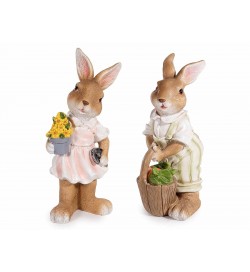 Set 2 Conigli Pasquali in Resina Dipinta, Decorazione per la Casa, Altezza 27,5 cm
