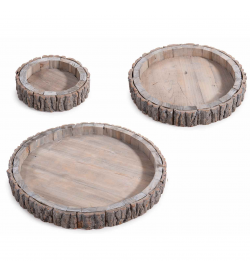 Set 3 Vassoi Rotondi in Legno con Bordo in Corteccia