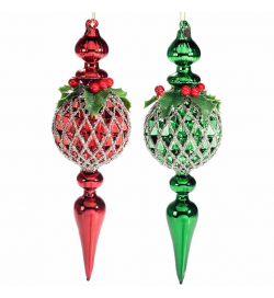 Set 2 decoraizoni Natalizie da appendere in vetro con bacche e foglie di agrifoglio