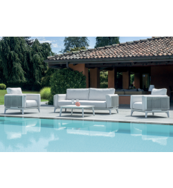 Salottino da giardino in alluminio bianco con corda e cuscini ecrù