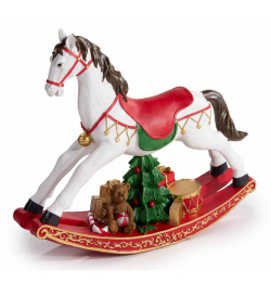 Cavallo a dondolo natalizio in resina colorata con pacchi dono e orsetto