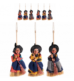 Set 6 befane decorative da appendere in resina con abito in stoffa e scopa