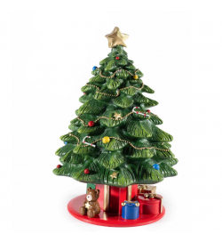 Carillon girevole Albero di Natale con orsetto e doni in resina colorata