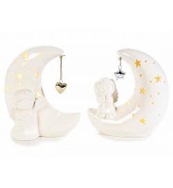 Decorazioni Natalizie da tavolo luminose con luna ed Angeli in ceramica set da 2 pezzi