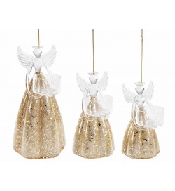 Angeli natalizi dorati in vetro con vasetto portacandela set 3 pezzi
