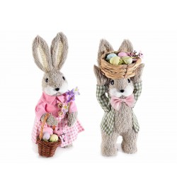 Conigli Pasquali in paglia con abito e uova decorazioni artigianali per la casa