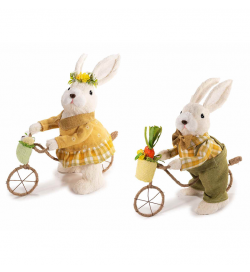 2 Conigli Pasquali in Fibra Naturale con Bicicletta, Idea Regalo