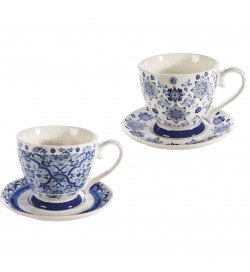 Set 2 Tazze con Piattino in Porcellana Stile Maiolica