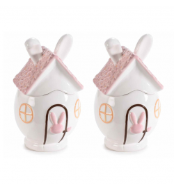 Set 2 Barattoli per Dolci e Alimenti in Ceramica a Forma di Casetta con Coniglio