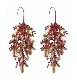 Rami natalizi decorativi con bacche rosse e foglie dorate 2 pezzi da appendere