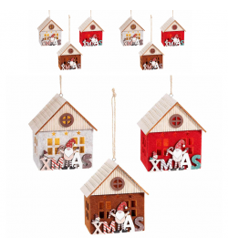 Casetta Natalizie in legno e panno con scritta Xmas e luci - Set 6 addobbi da appendere