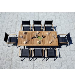 Set tavolo e sedie da giardino in alluminio nero e legno teak 6 posti con sedie impilabili