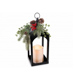 Lanterna natalizia in metallo nero con candela LED e decoro pino innevato 43 cm