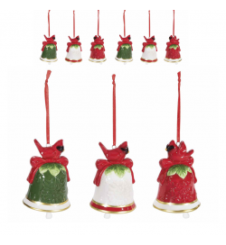 Set 6 Campanelle Natalizie  in ceramica con uccellino in rilevo da appendere