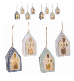 Casette Natalziie luminose da appendere in legno e panno - Set da 8 addobbi per l'albero