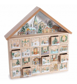 Calendario dell’Avvento in legno a forma di casetta con paesaggio innevato
