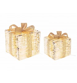 Set 2 pacchi regalo natalizi in metallo dorato con luci LED bianco caldo per decorazioni eleganti