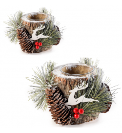 Centrotavola natalizi a tronchetto in legno con portacandela set 2 pezzi 15x10,5 cm
