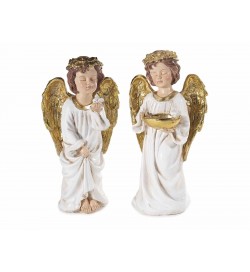 Set 2 angeli decorativi natalizi in resina con ali e corona dorati