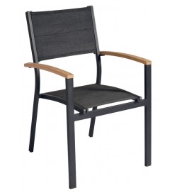 Set 4 sedie per bar e giardino in alluminio nero con seduta imbottita e braccioli in teak