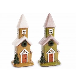 Chiesette natalizie portacandela in terracotta lucida set 2 colori 10,5x8,5x23,5 cm